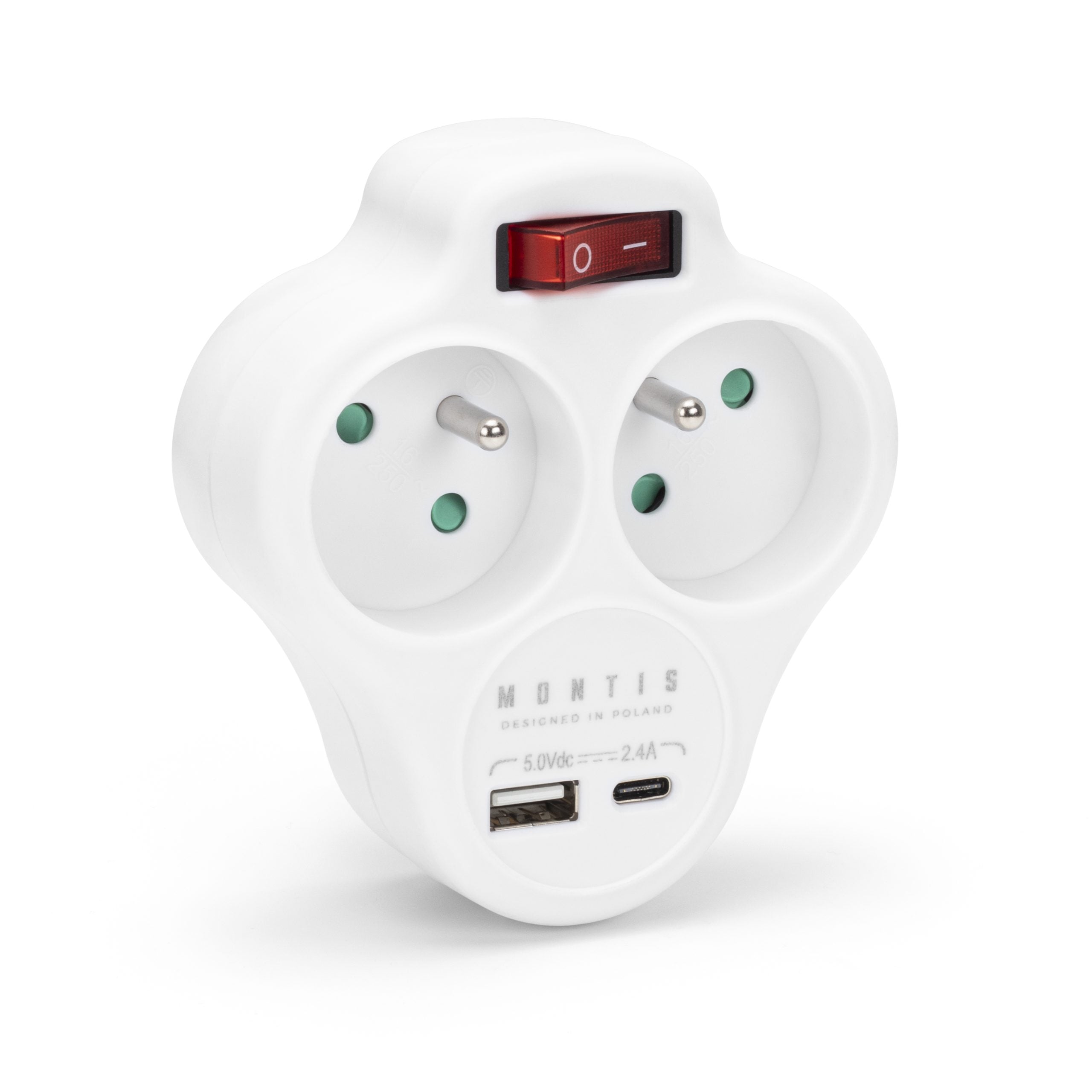 Rozgałęźnik sieciowy podwójny z wyłącznikiem i gniazdami USB biały MT144-WH
