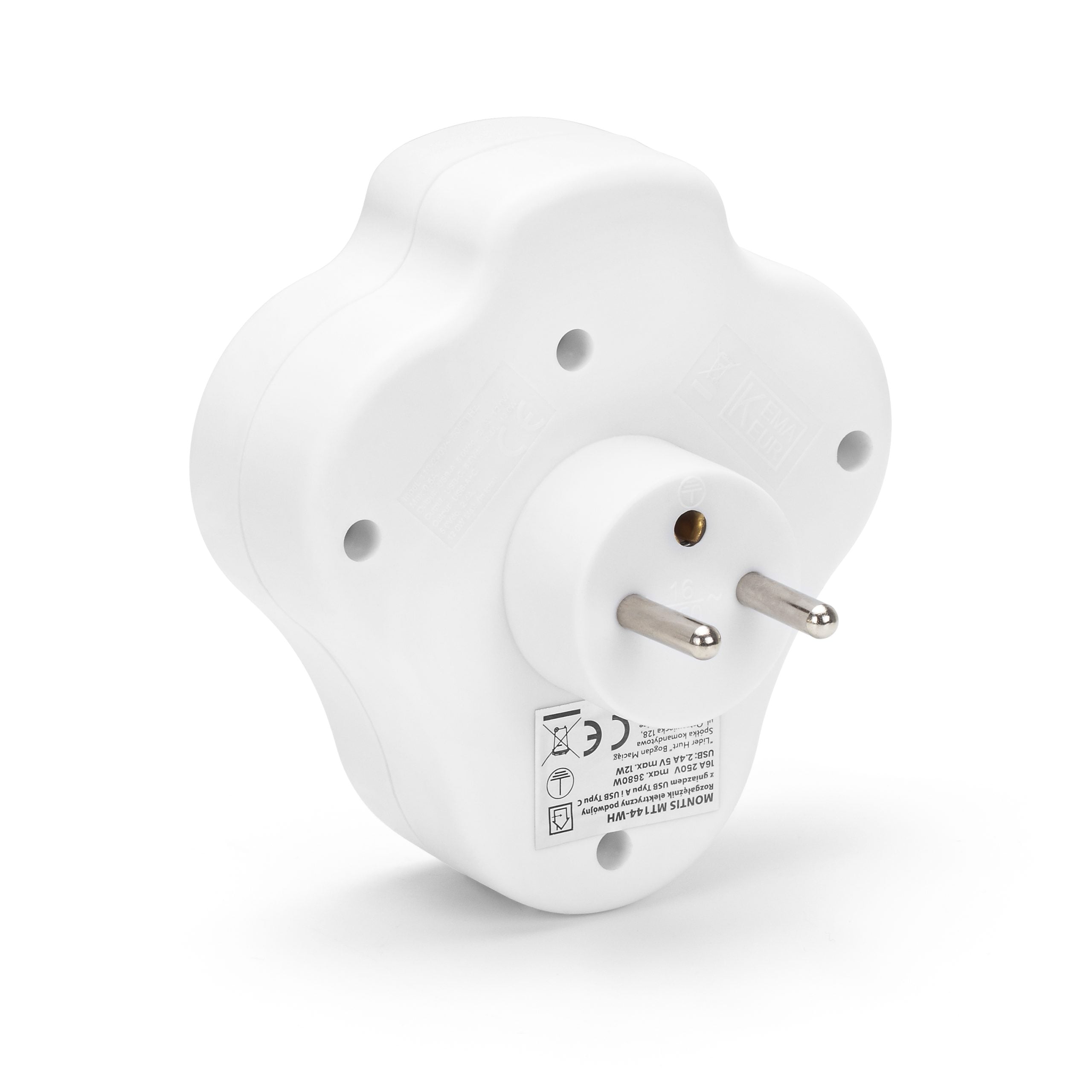 Rozgałęźnik sieciowy podwójny z wyłącznikiem i gniazdami USB biały MT144-WH