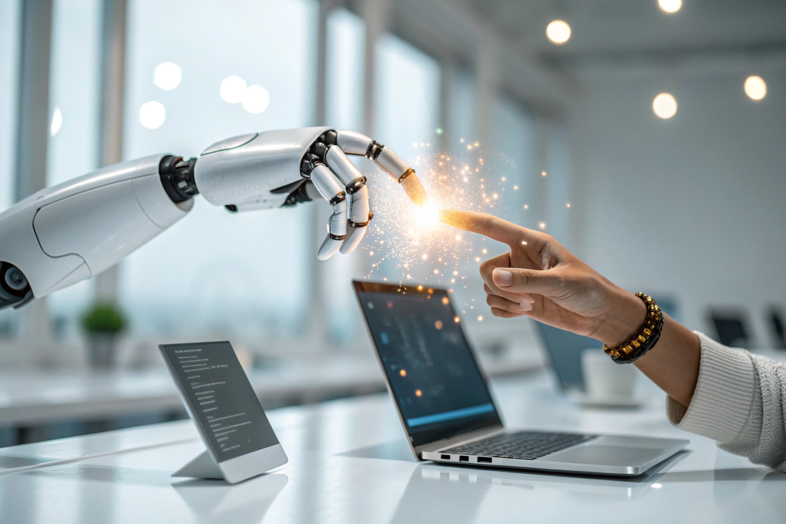 Grafika przedstawiająca futurystyczną dłoń robota dotykającą dłoń człowieka, co symbolizuje współpracę i interakcję między AI a ludźmi.
