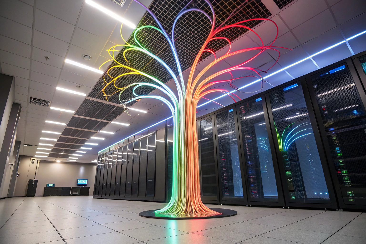 Ilustracja wizualizująca dane w formie strumieni światła, które wpływają do centralnego punktu i formują obraz, symbolizując proces uczenia maszynowego.