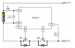 Układ aplikacyjny układu scalonego DW01-P stosowanego do kontroli procesu ładowania baterii litowo-jonowych